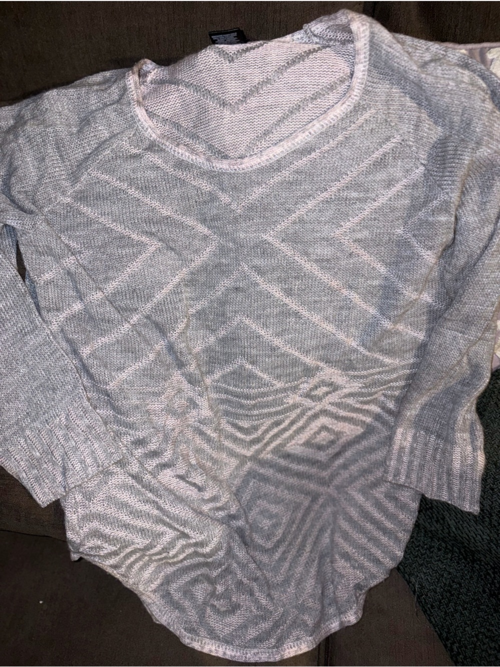 new directions Light Gray Crewneck Sweater with Geometric Knit